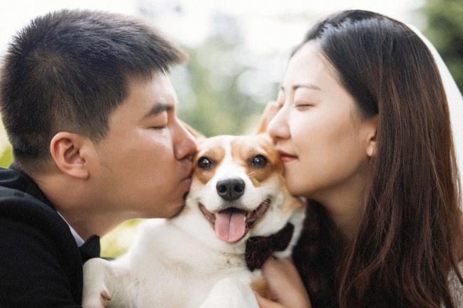 Couple kissing dog on the head